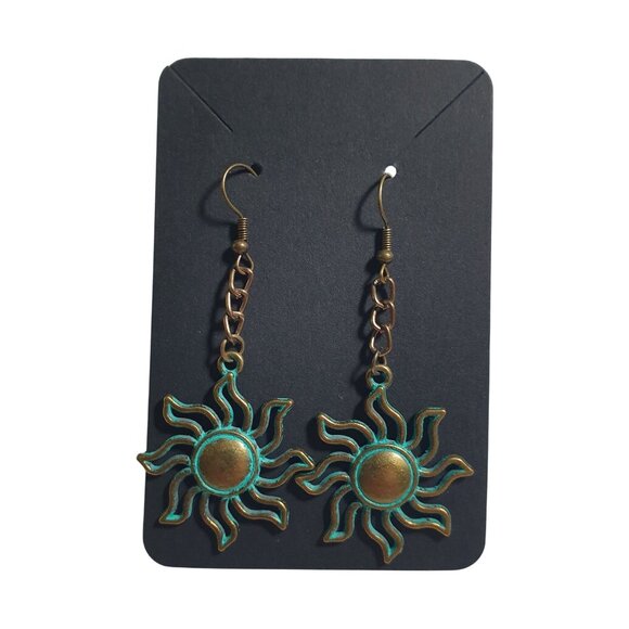 Sunburst Dangle Earrings Patina Chain Handmade Beach Boho Jewelry Core Earth - Picture 3 of 5